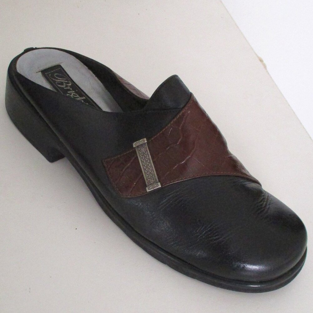 Brighton "Meredith" Womens Black & Croco Brown Leather Mules Shoes - Size 8M